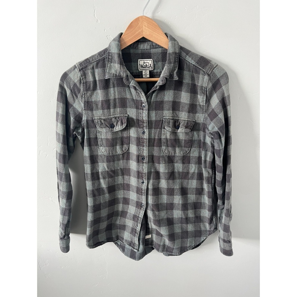 Woolrich Womens Grey Teal Buffalo Check Cotton Flannel Button Down Shirt Small